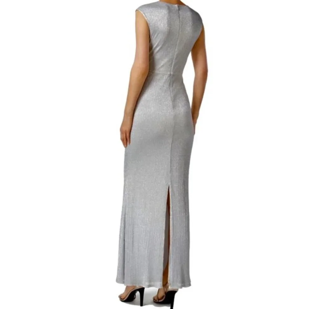 Calvin Klein Silver Womens Shimmer -Neck Cold-Shoulder Gown Size 14 - Picture 2 of 4
